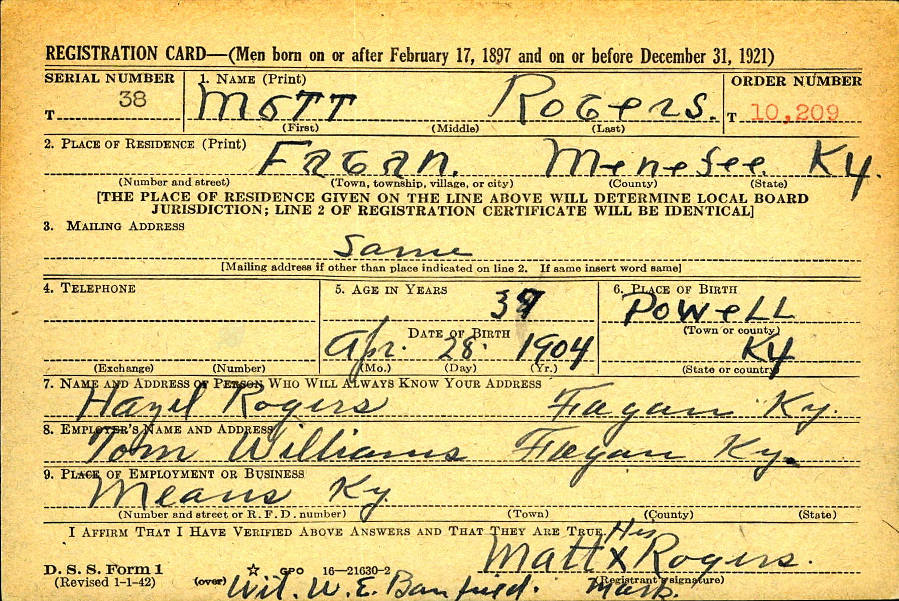 WWII Draft Registration Front